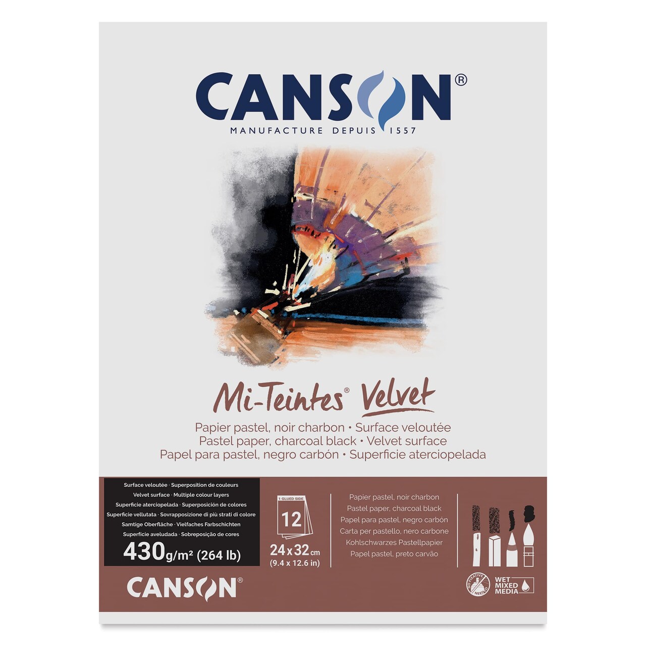 Canson Mi-Teintes Velvet Paper Pad - 9.4" x 12.6", Charcoal Black, 12 Sheets